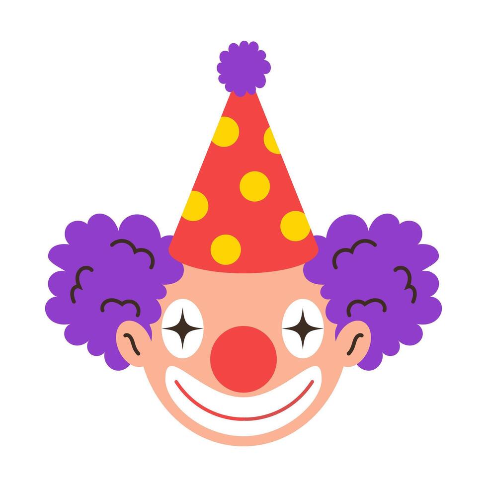 Cheerful clown with purple curly hair, red nose and festive hat with yellow polka dots. illustration. vector