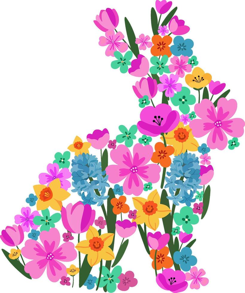 bunny silhouette with spring and summer flowers design. bright floral pattern on white background. isolated animal illustration. holiday art vector
