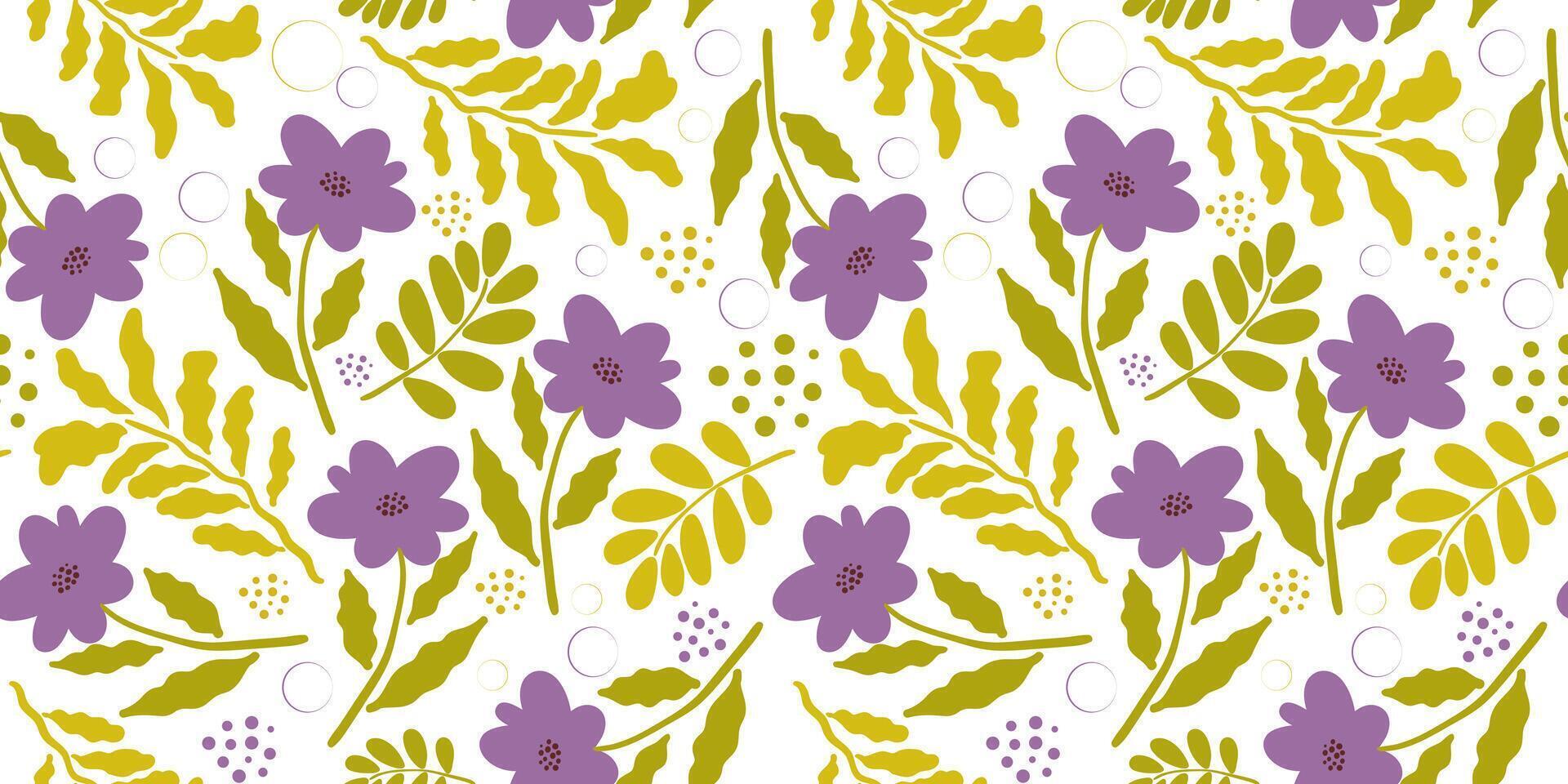 Seamless floral pattern Modern summer and spring design with purple flowers, light green leaves and dots. Bright, repeating background for textiles, wallpapers and decor vector