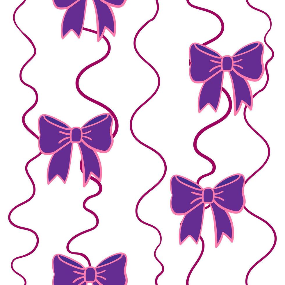 seamless pattern with purple bows and curly ribbons, festive decorative design for wrapping paper, textiles, scrapbooking, party decor, digital print vector