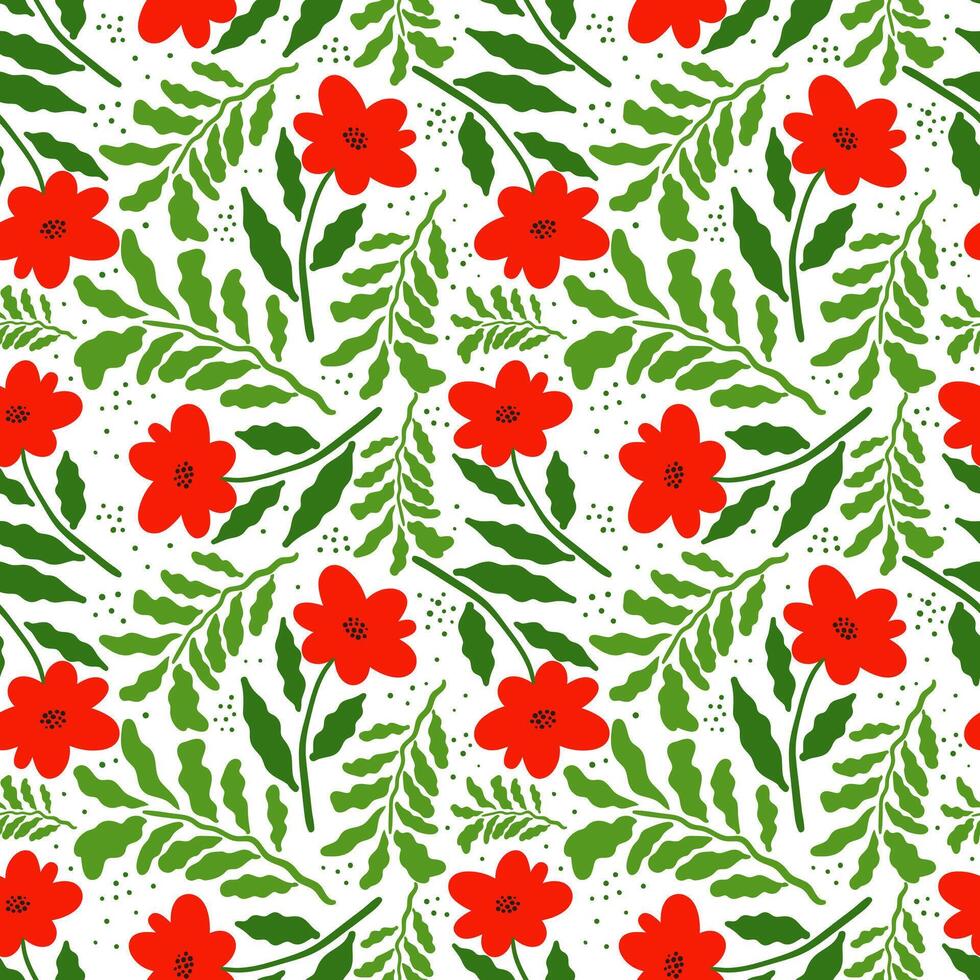 seamless floral pattern with red flowers and green wavy leaves on a white dotted background, spring and summer botanical design for textiles, wrapping paper, cards and decor vector