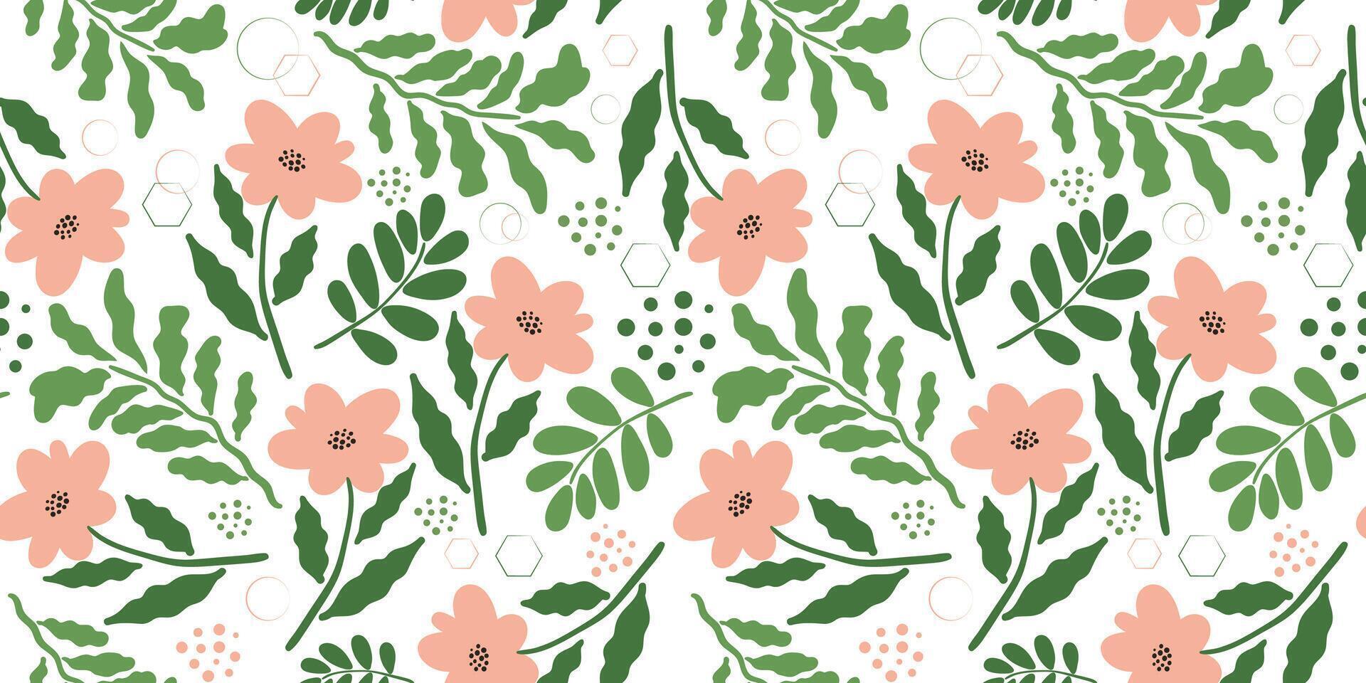 seamless pastel boho floral pattern with pale pink flowers and green leaves on a white background, botanical design for fabric, wallpaper, wrapping paper and textile decor vector