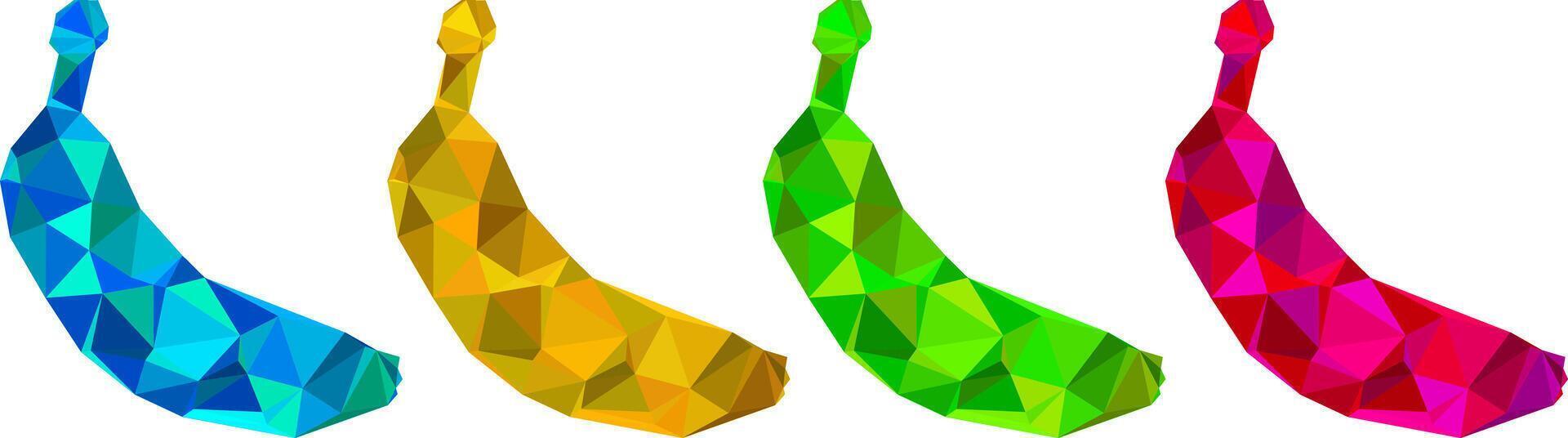 isolated neon diamond bananas modern icons. vibrant yellow, green, pink, blue geometric fruits. abstract design elements on white background vector