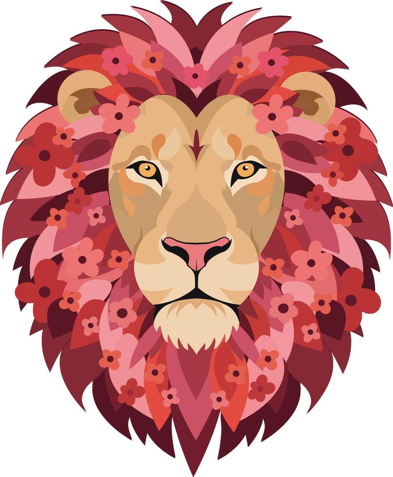 lion head with flowers isolated animal portrait. floral mane design. modern illustration with decorative blossoms on white background. elegant art vector