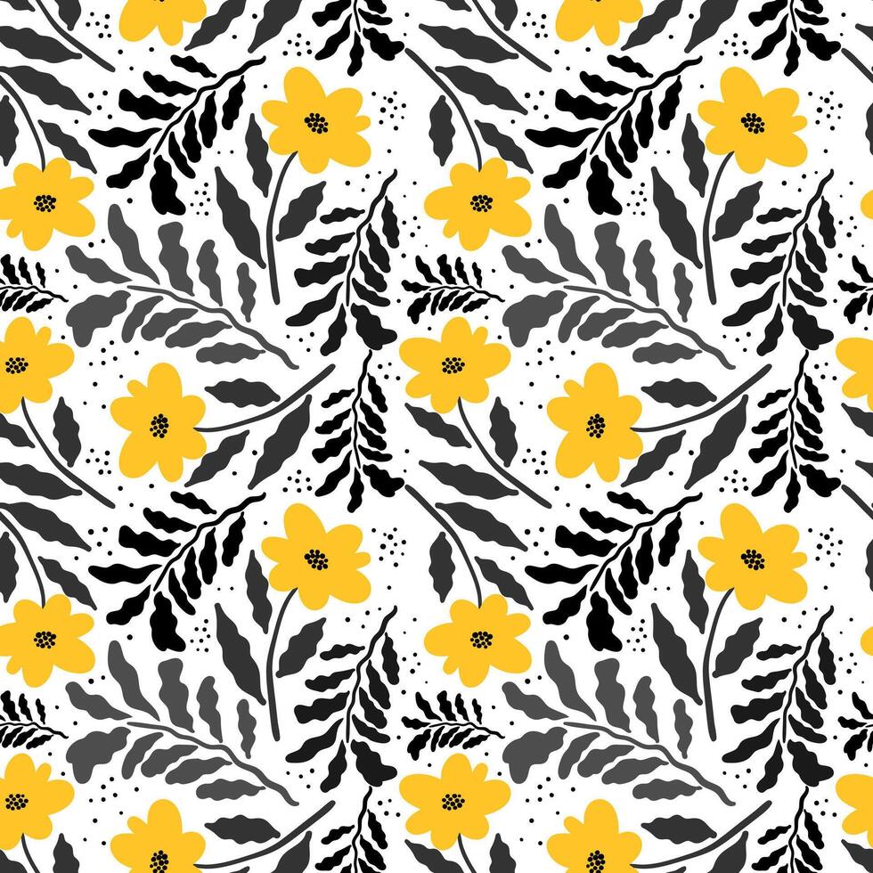 seamless floral pattern with yellow flowers and black leaves on white background, elegant botanical design for fabric, wallpaper, wrapping paper, and decor vector