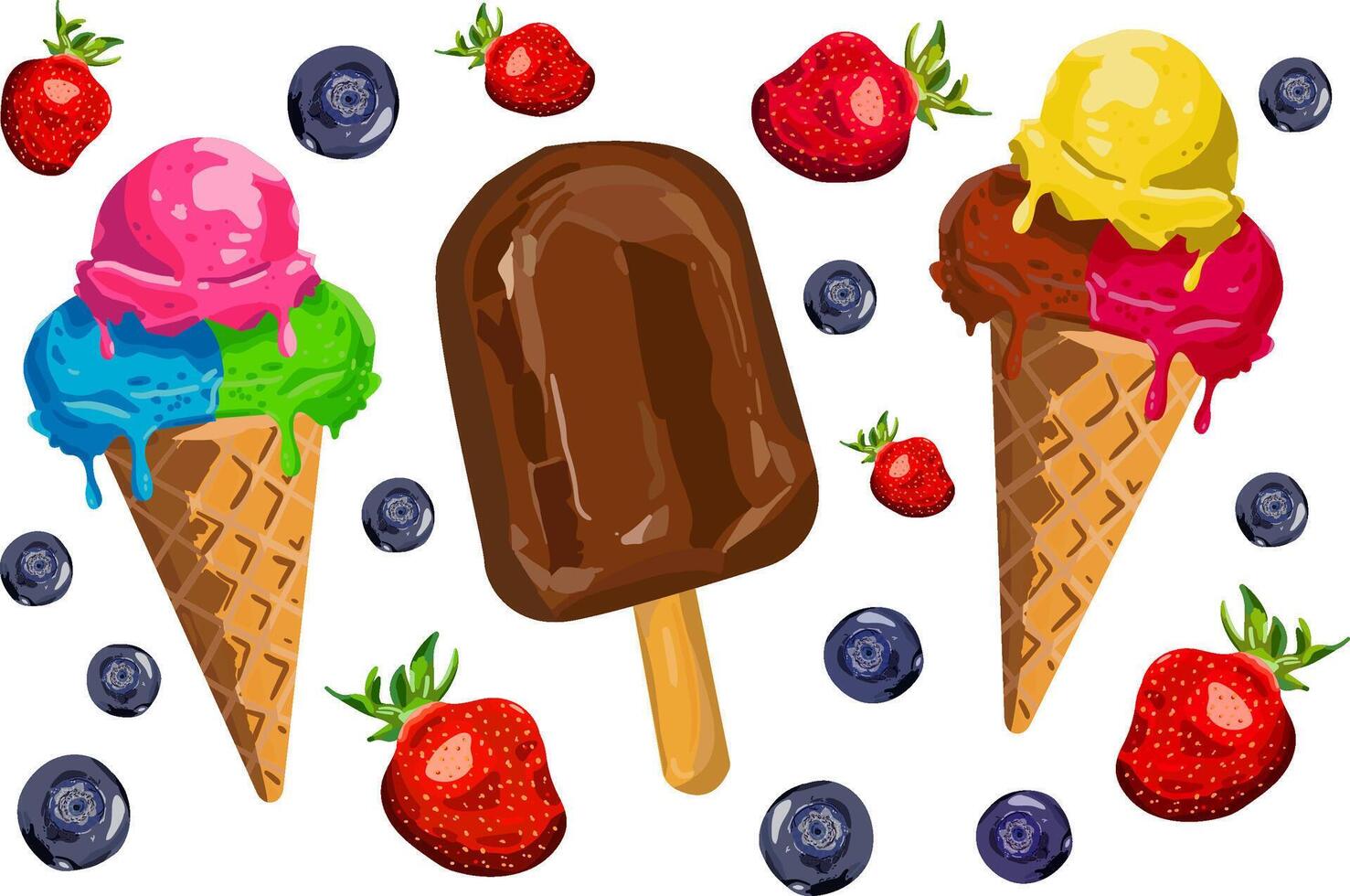 Summer treats set, ice cream cones, berries, strawberries blueberries, isolated elements, dessert illustrations, bright colors, sweet food graphics for design vector