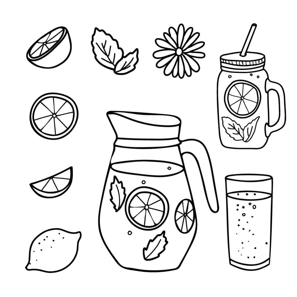 Lemonade Jug and Glasses, Mason jar with Straw, Lemon Fruit and Cut Citrus Slices. Summer refreshment beverage with Lemon and mint. Hand drawn illustration in Doodle style isolated on a vector