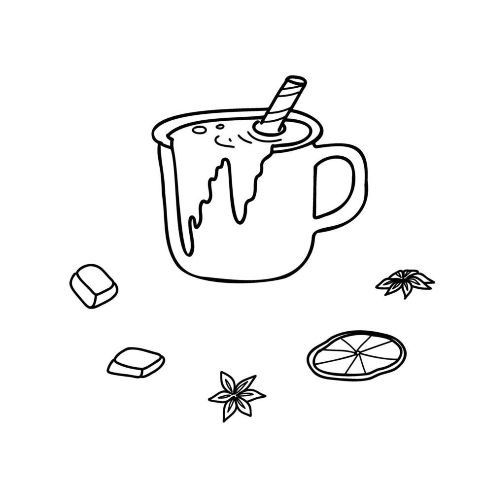 Mug of hot Chocolate with chocolate bars and dried Orange Slice, Anise stars set isolated on a background. Hand drawn illustration in Doodle style. Perfect for Holiday and Christmas cards, logo vector