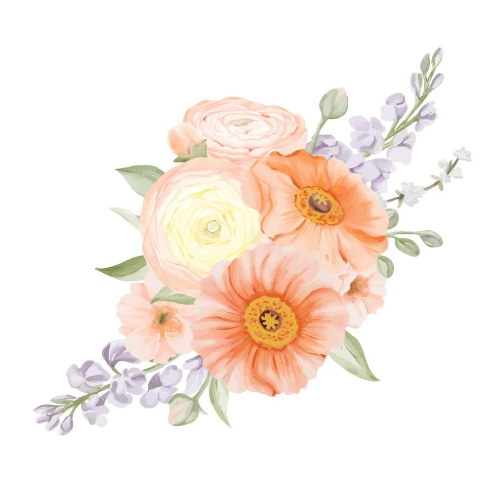 Bouquet of Spring Flowers from Iceland Poppy, Ranunculus, Freesia and Peach or Cherry. Watercolor hand drawn botanical illustration in pastel colors isolated on a white background. Floral art for vector