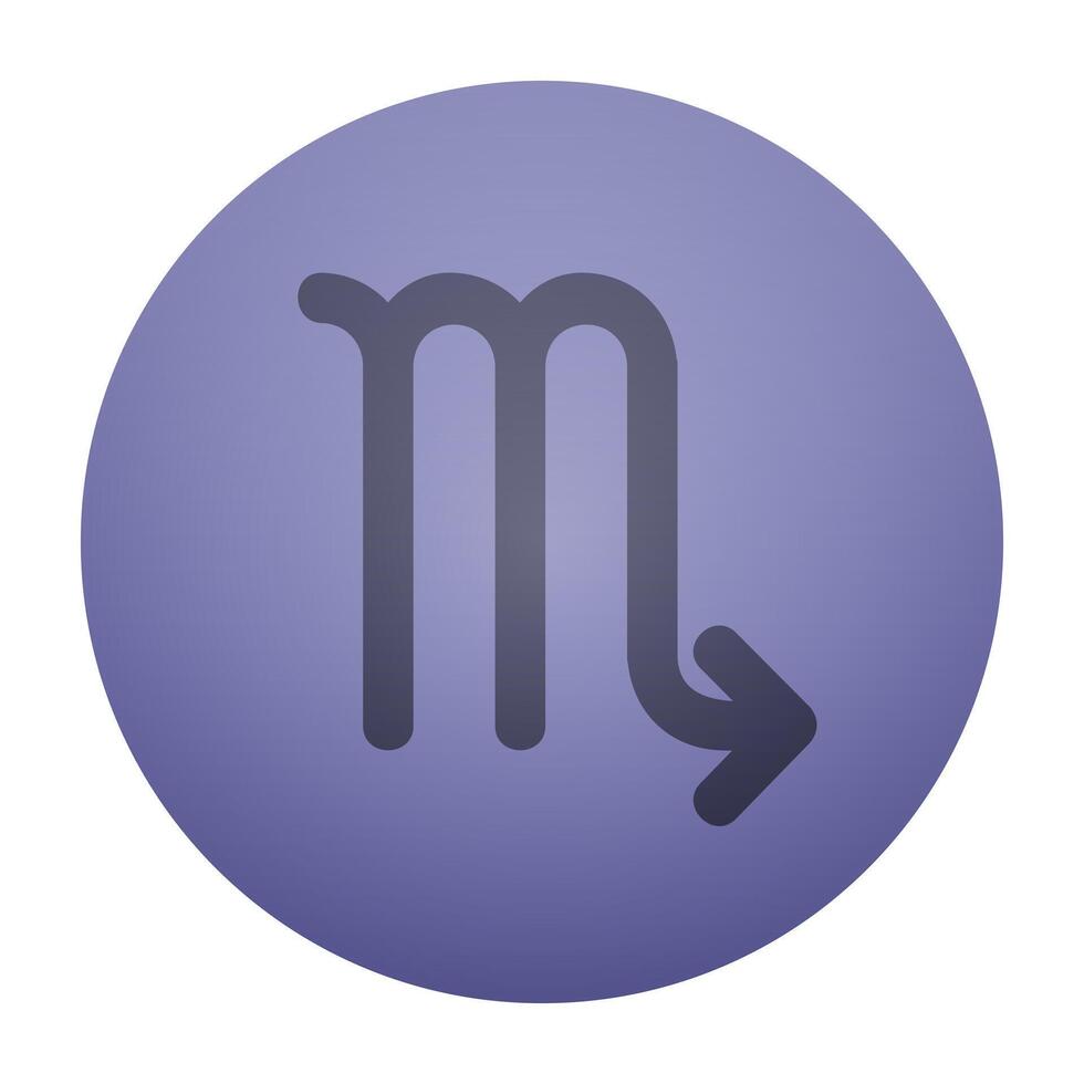 Scorpio zodiac sign . M symbol with arrow on a clean purple circle. vector