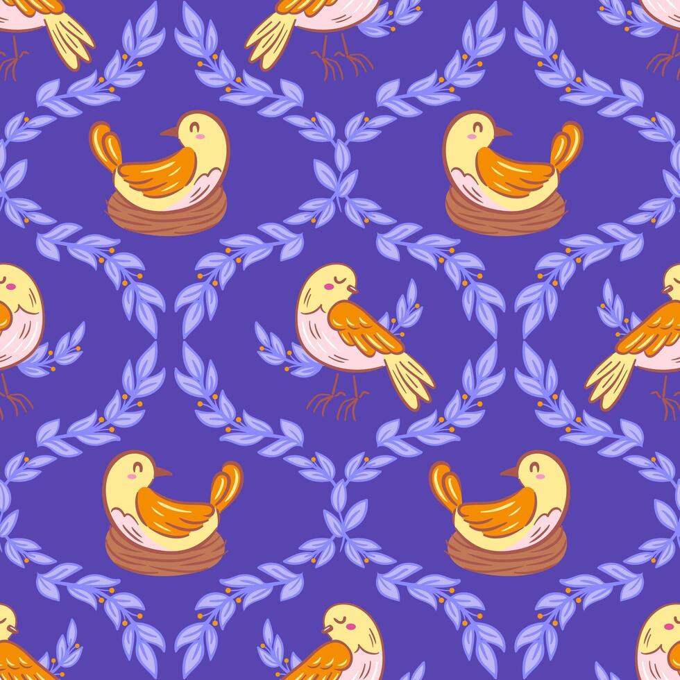A vintage illustration showcasing birds nestled in a charming nest among tree branches, set against a seamless damask pattern. This design beautifully combines nature with elegant, timeless artistry. vector