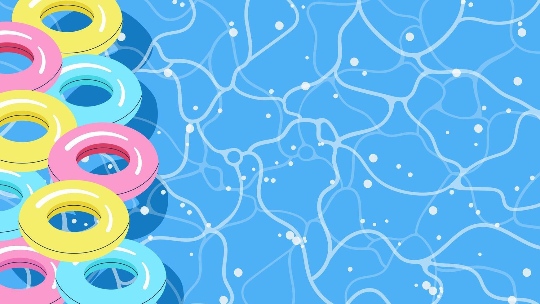 Top view of a swimming pool with inflatable rings and splash background vector