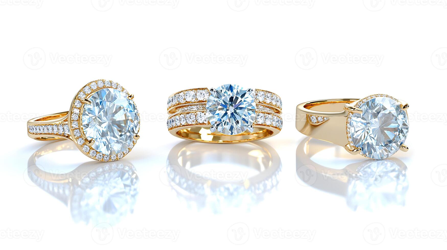 Three Elegant Diamond Engagement Rings in Gold Settings with Different Designs photo