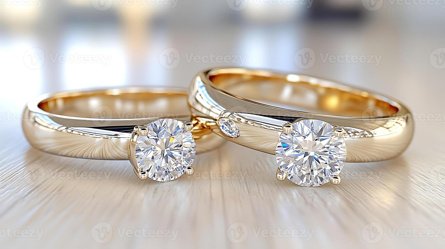 Elegant Pair of Diamond Engagement Rings in Yellow Gold Setting on Wooden Surface photo