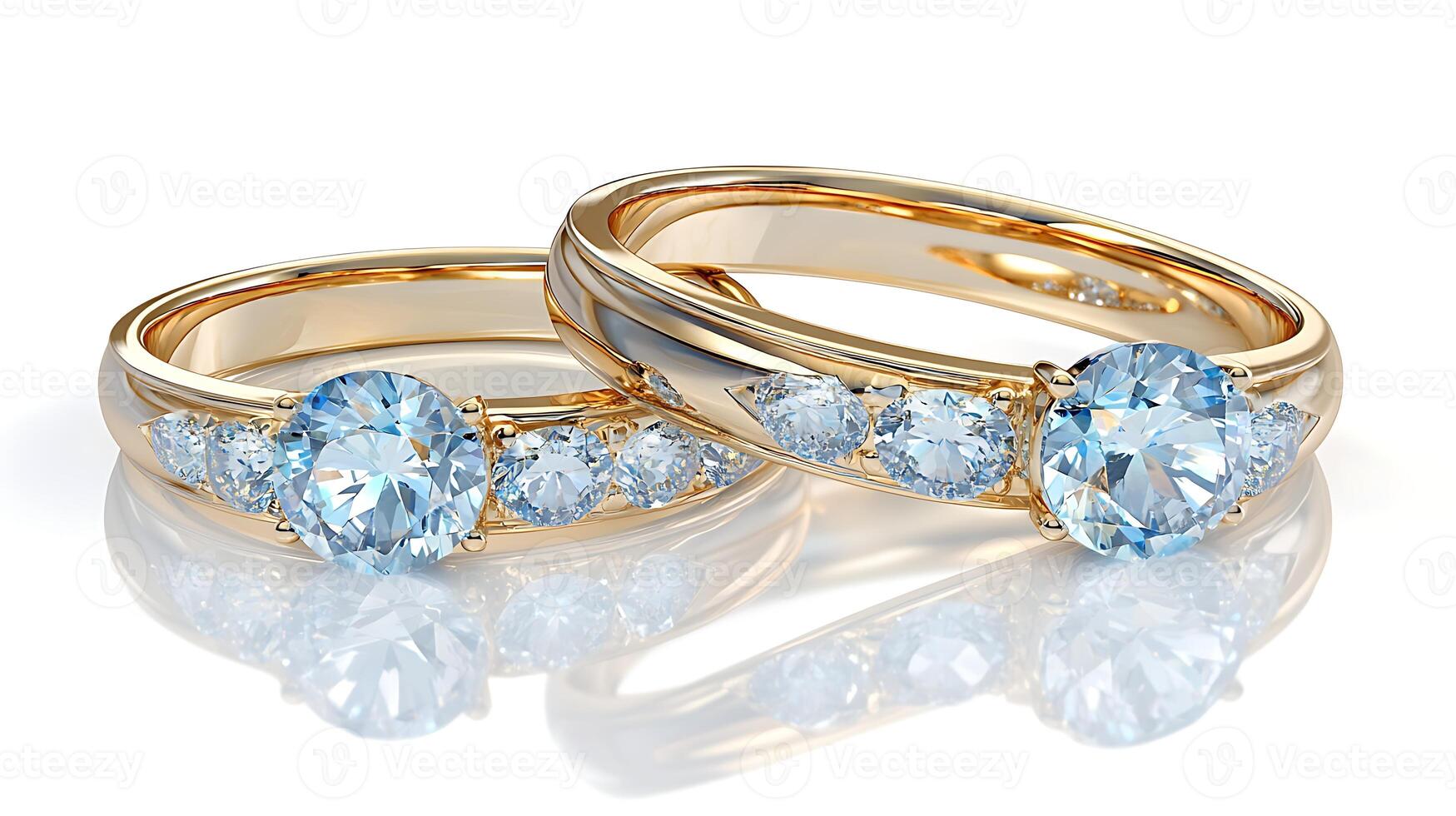 Sparkling Aquamarine and Diamond Engagement Rings in Gold Setting on White Background photo