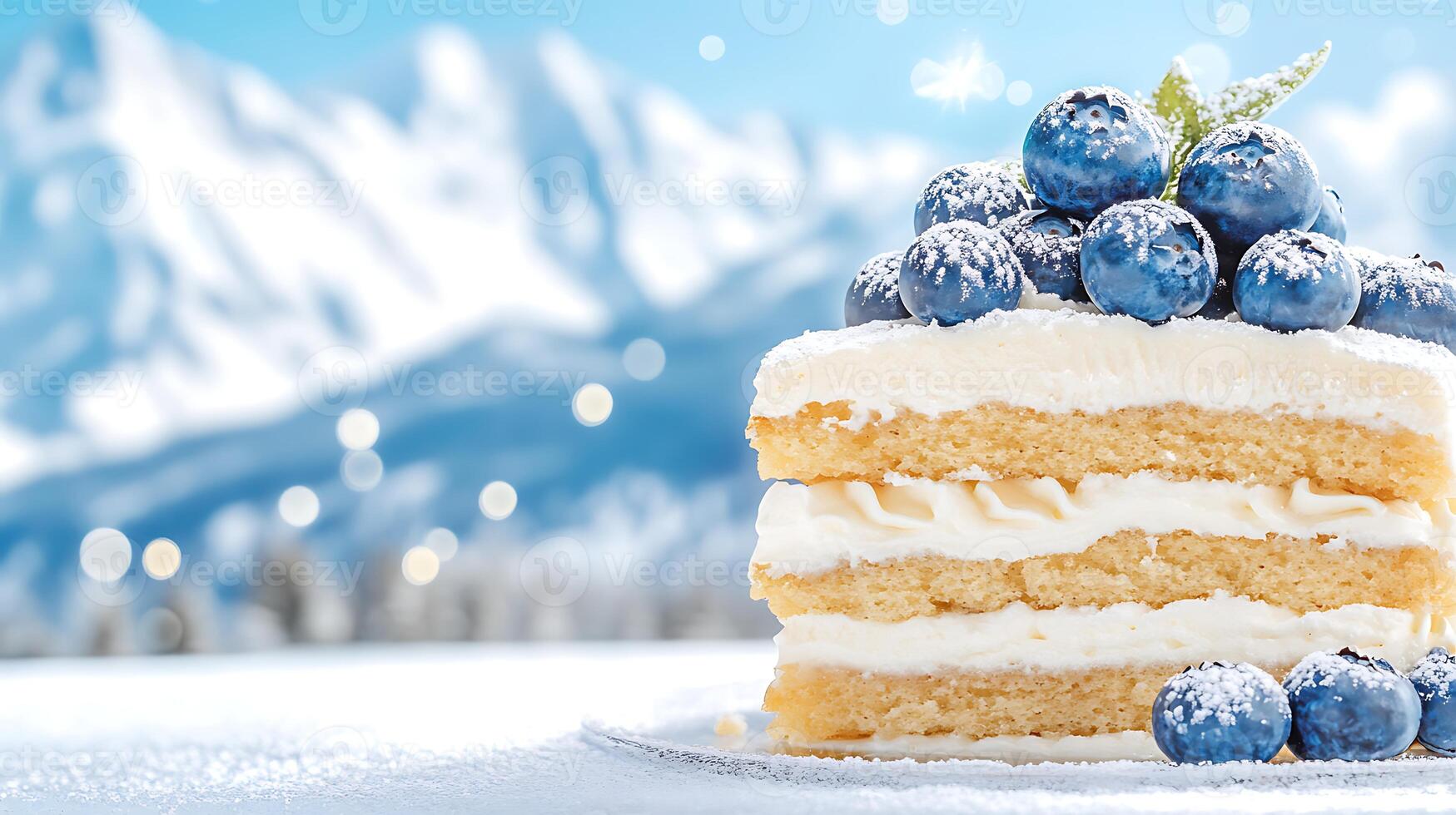 Delicious Blueberry Layer Cake with Cream Frosting Snowy Mountain Background photo