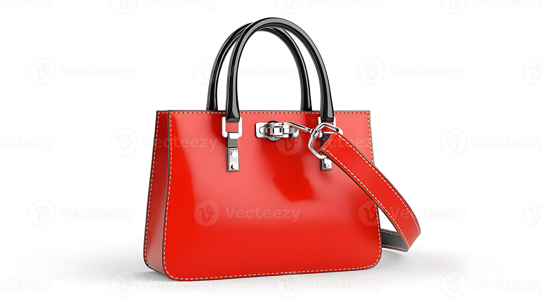 Stylish Red Leather Handbag with Black Handles and Removable Strap photo