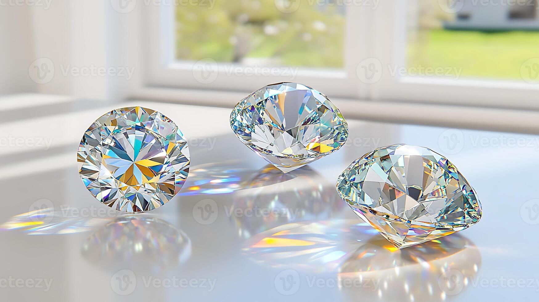 Sparkling Diamonds Three Brilliant Cut Gems on White Surface photo