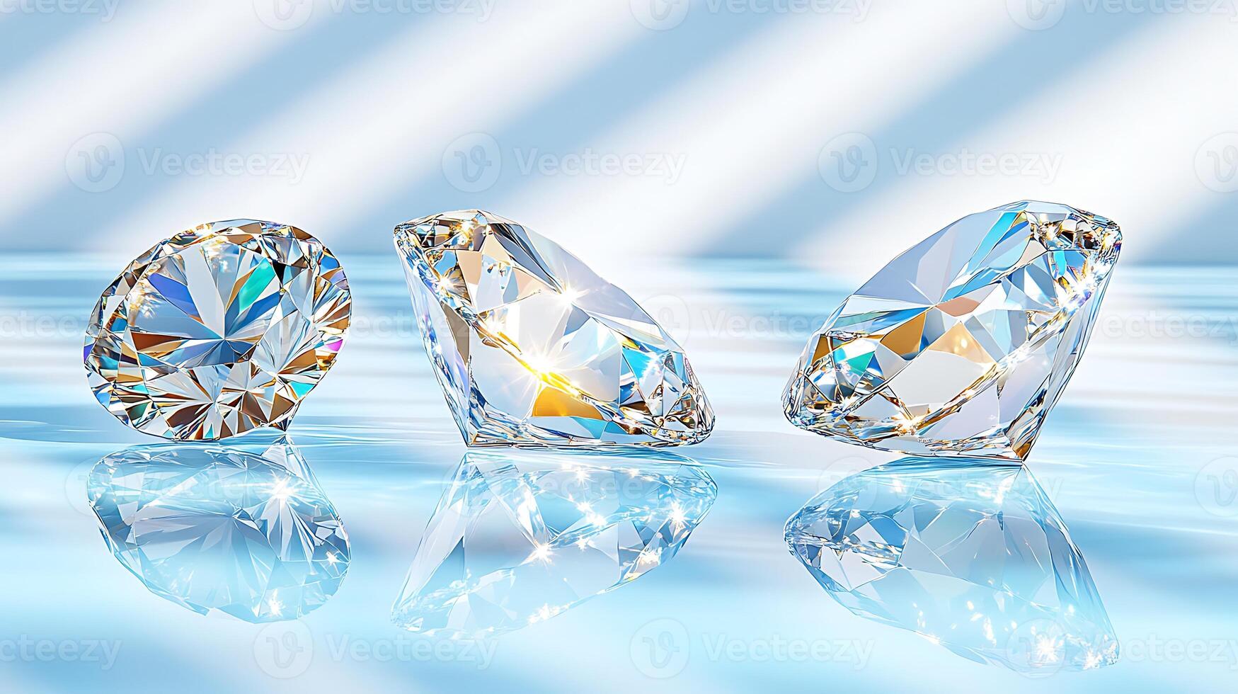 Sparkling Diamonds Three Brilliant Cut Gems Reflecting on Blue Surface photo