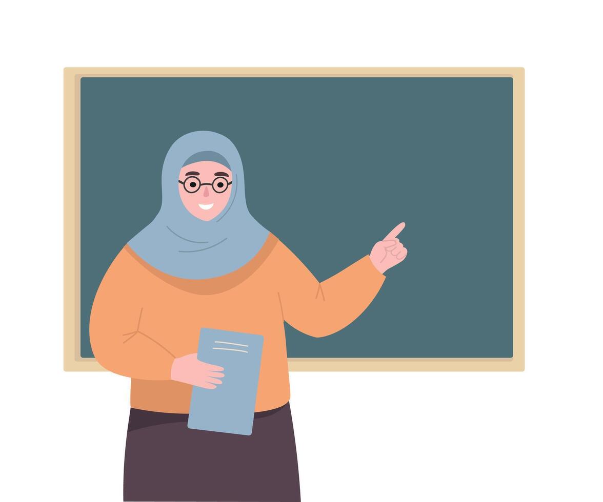 Muslim woman teacher in hijab standing at the board, teaching, transferring knowledge, showing material. flat graphics. vector