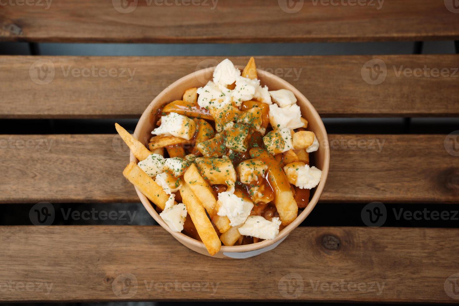 Poutine fries with chees and sauce photo