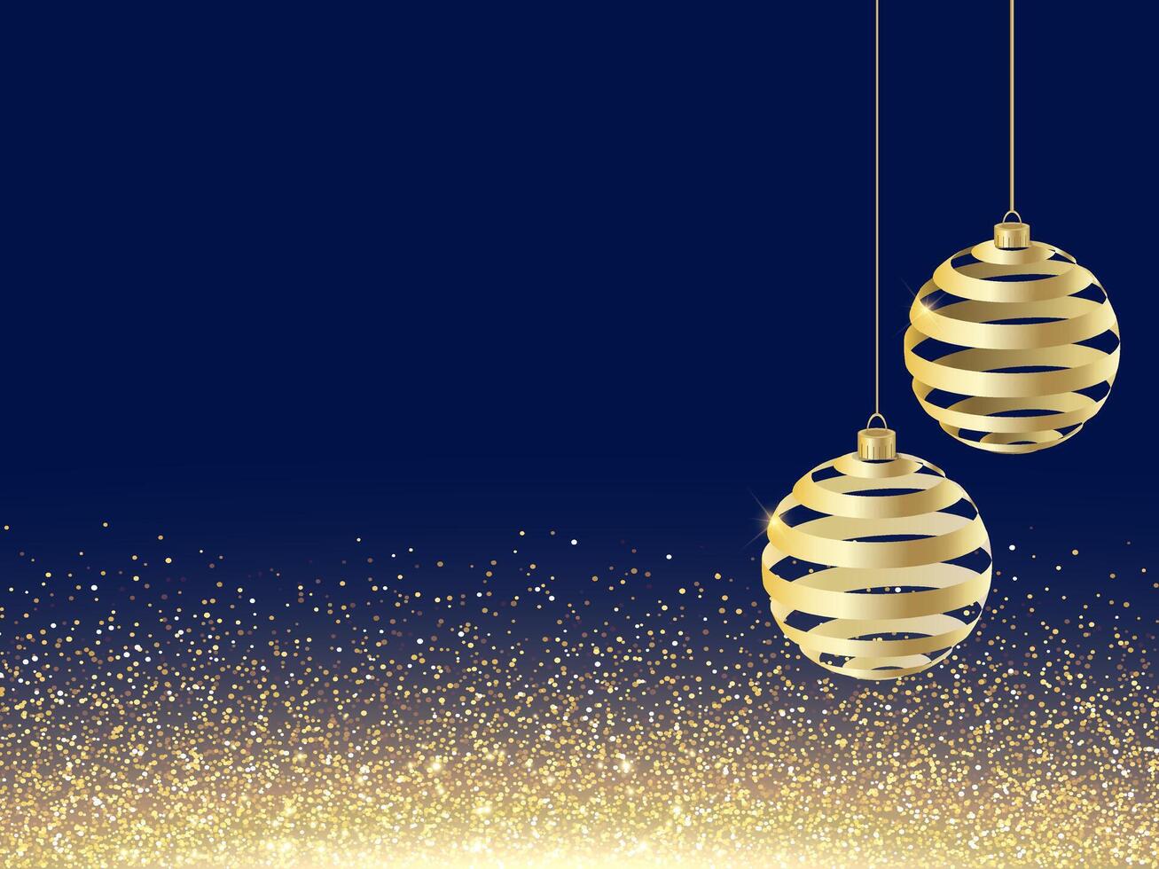 Christmas card with Golden balls on blue background. Falling Shiny Confetti with Gold Shards. Shining Light Effect for Christmas or New Year Greeting Card. vector