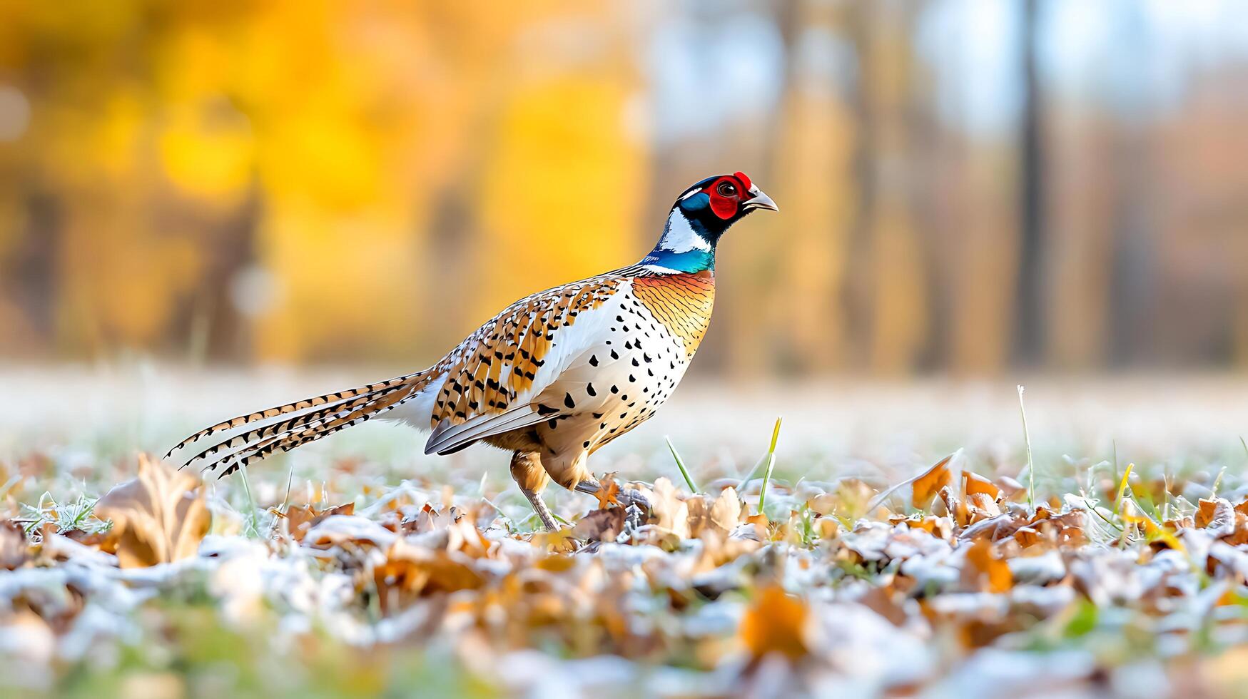 Vibrant Ring necked Pheasant in Autumnal Park Frost on Leaves photo