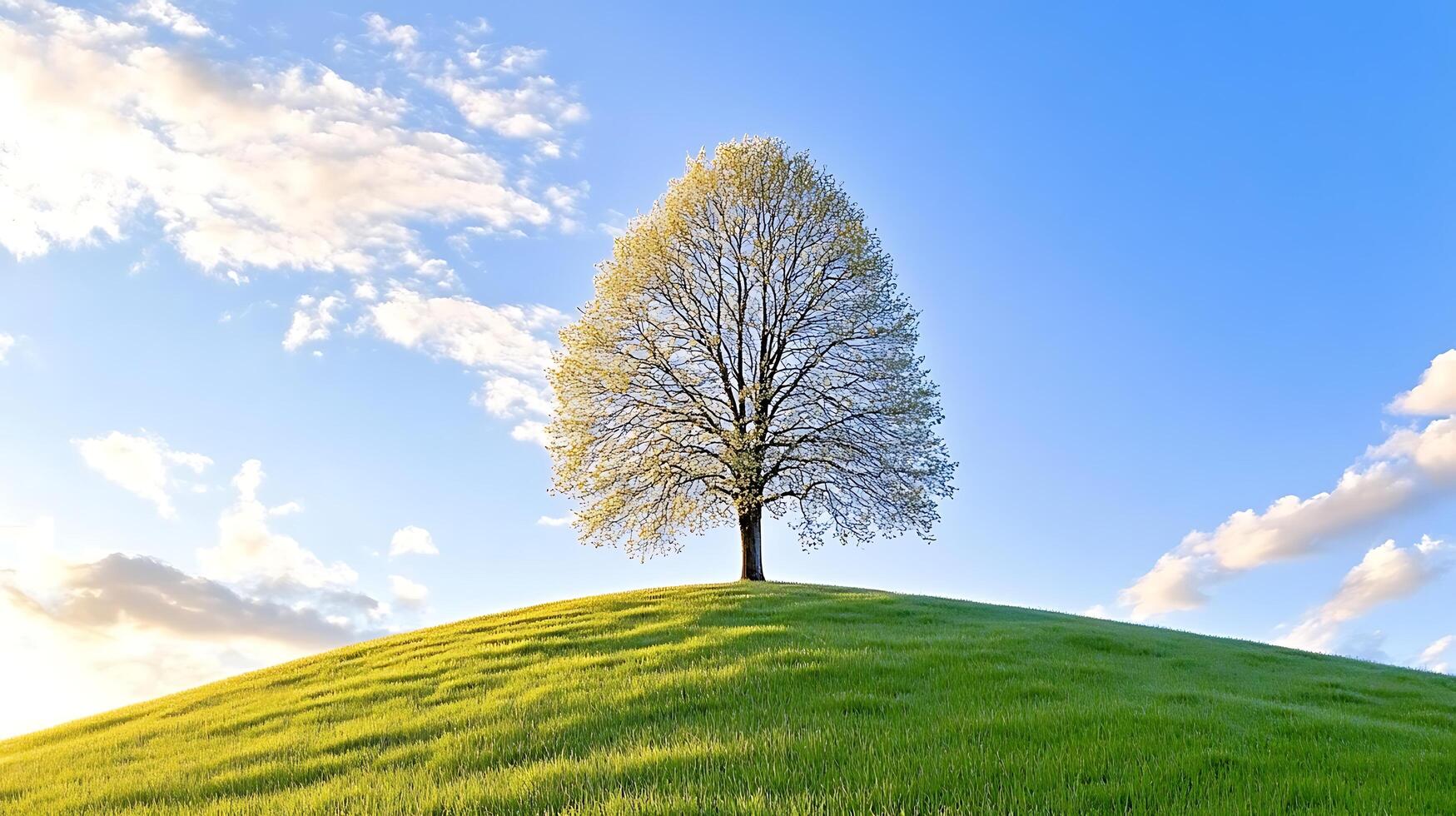 Serene Spring Landscape Lone Tree on Green Hill Under Blue Sky with Clouds photo