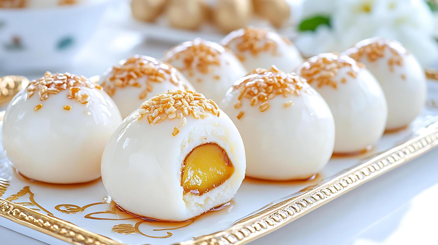 Delicious Asian Sweet Treats Sesame Topped Mochi Balls with Mango Filling on Elegant Tray photo
