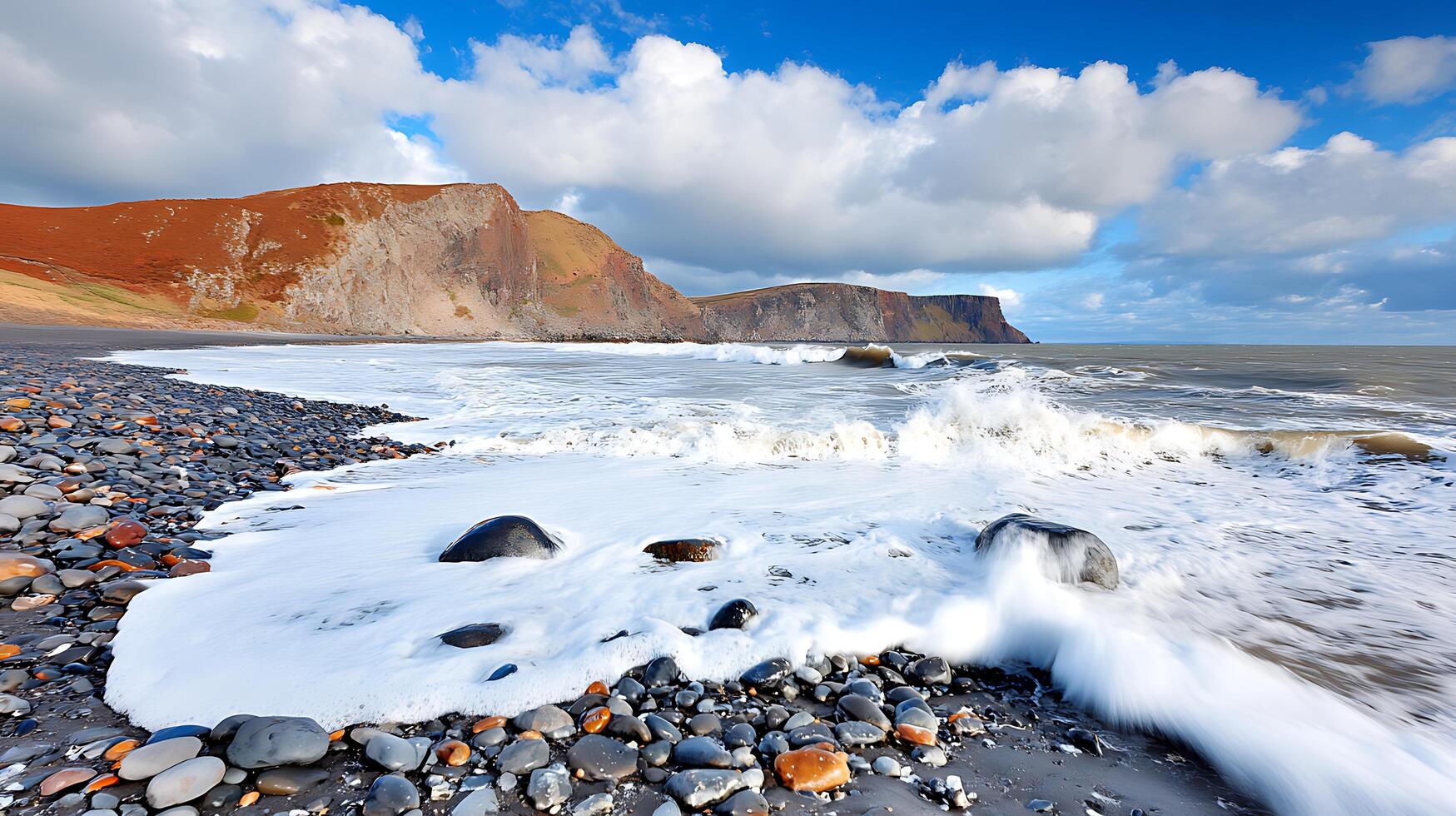 Dramatic Ocean Waves Crashing on Rocky Beach with Cliffs photo