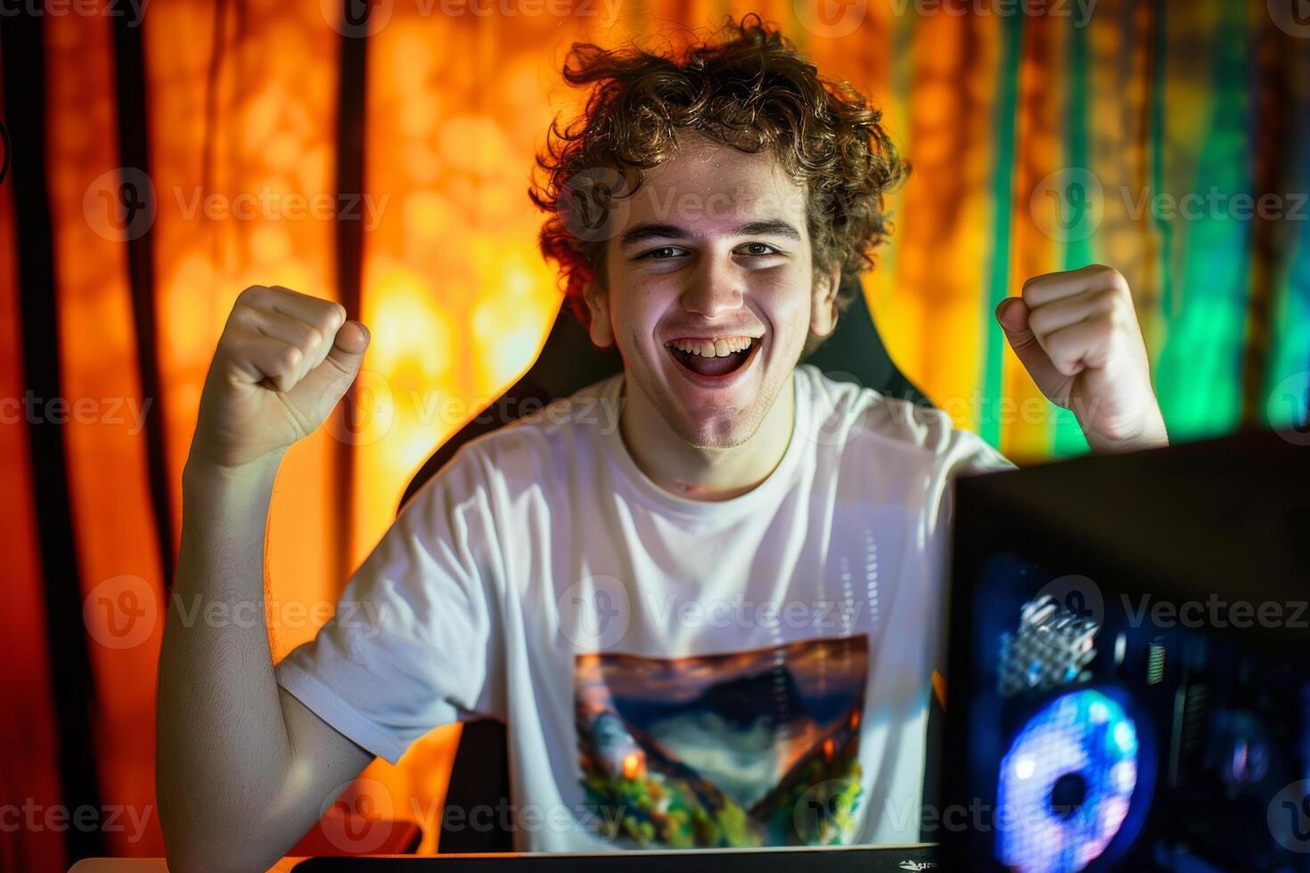 Excited Gamer Winning Online Match photo