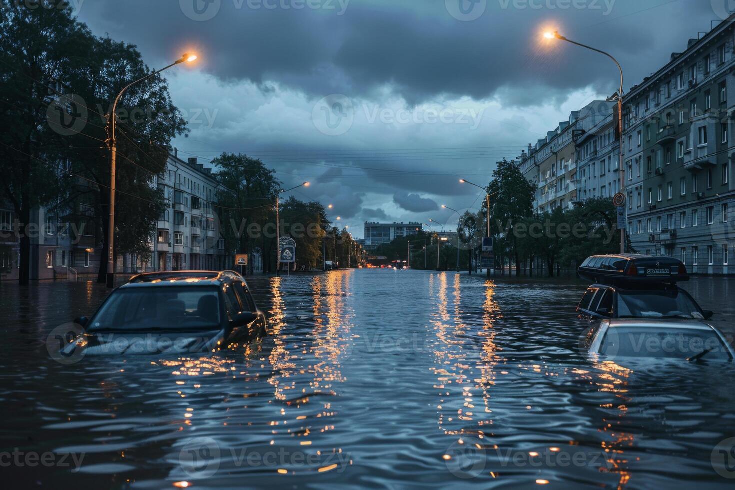 Flooded city street with submerged cars after heavy storm. Urban flooding caused by extreme weather conditions photo