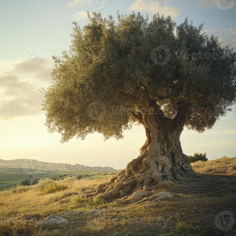 Ancient olive tree with twisted trunk and dense green foliage in rural Mediterranean landscape photo