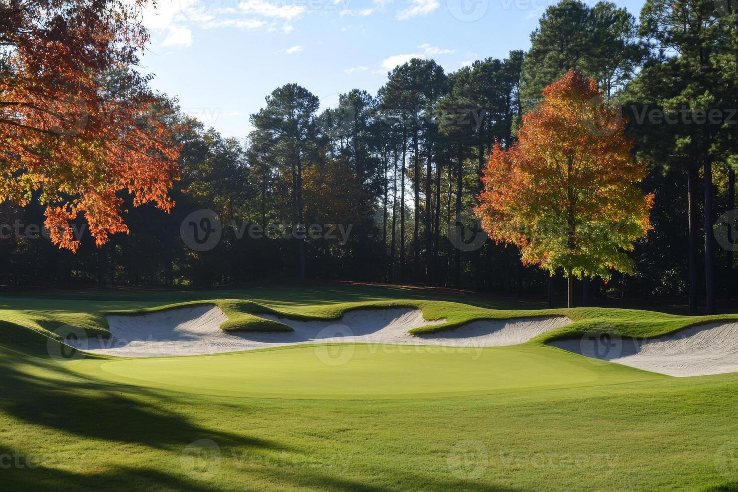 Beautiful golf course with lush green fairway, sand bunkers and surrounding trees on sunny day photo