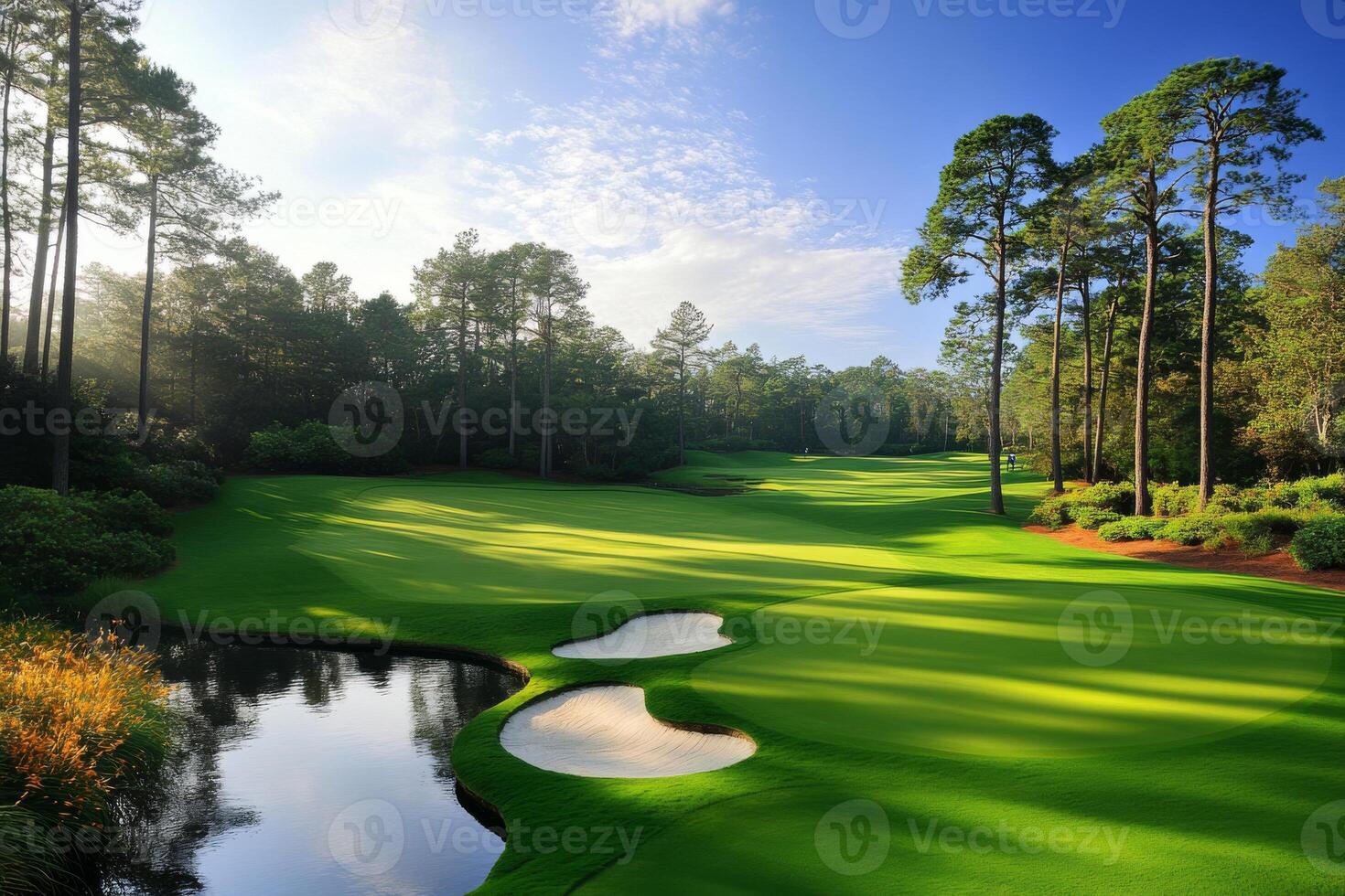 Beautiful golf course with lush green fairway, green trees and lake on sunny day photo