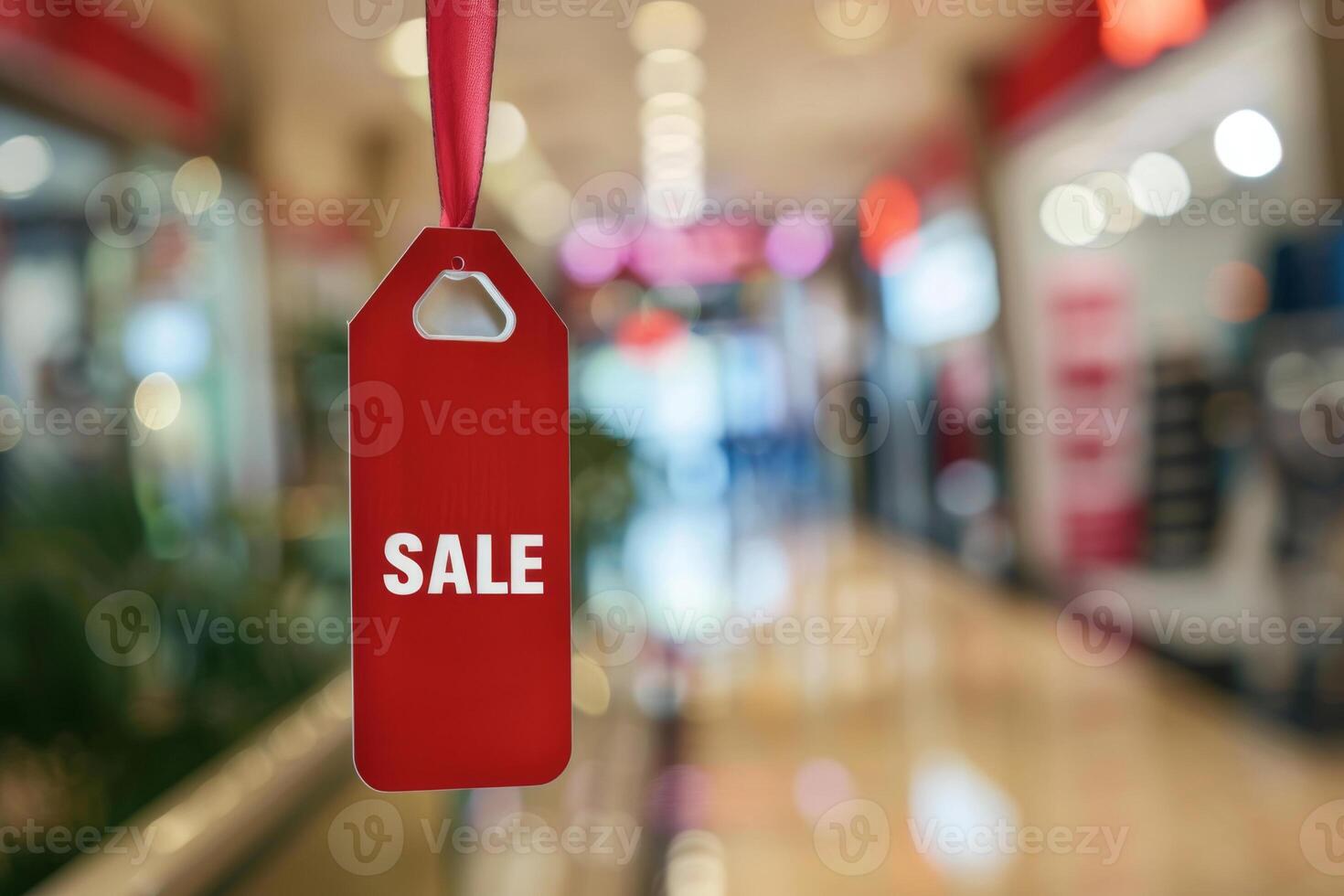 A red sale tag hanging from a store's wall photo