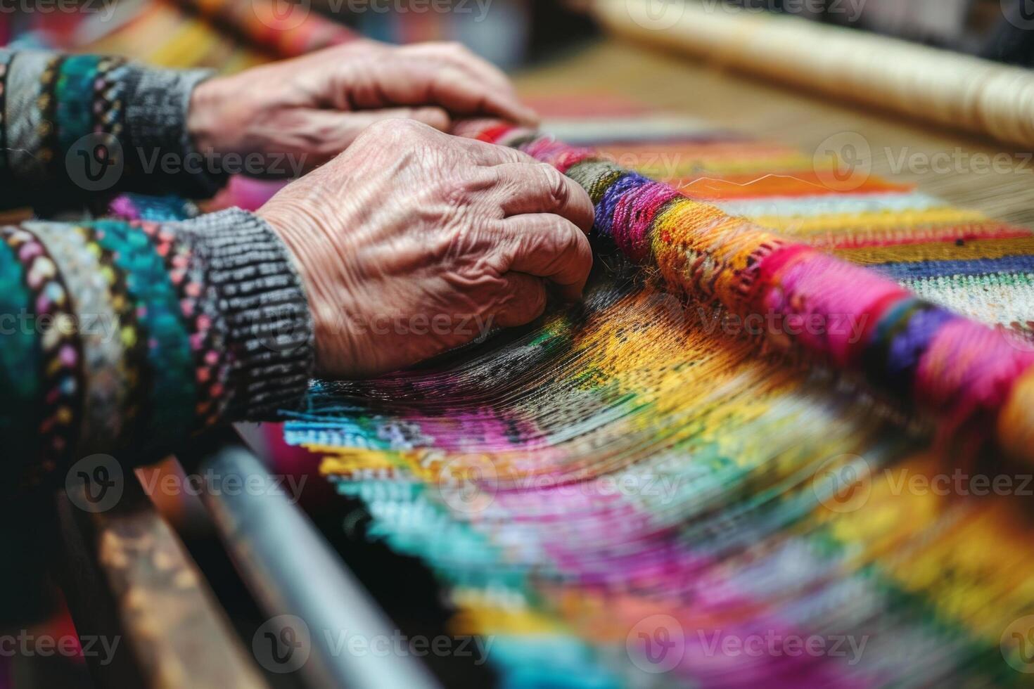 Elderly artisan weaves vibrant multicolored textile on traditional loom. Close up of female hands weaving traditional carpet photo