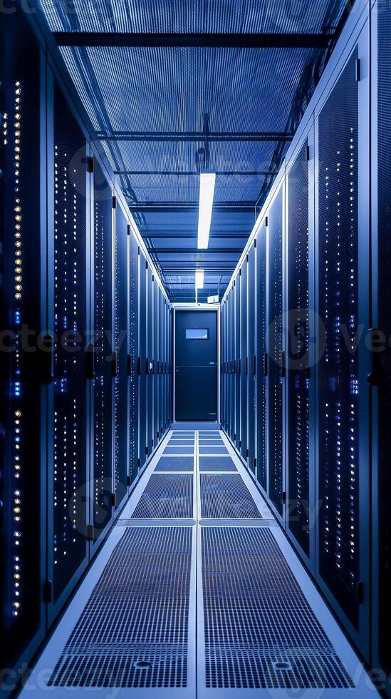 Interior view of a data center with active servers photo