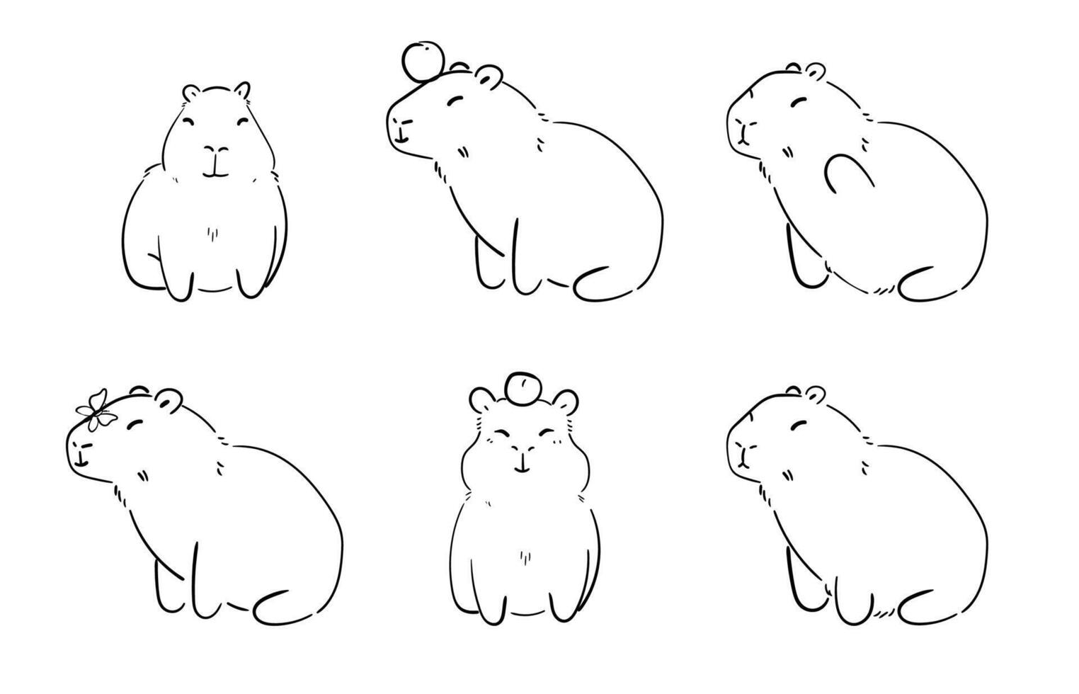 Set Capybara illustration sketch, black white coloring simple vector