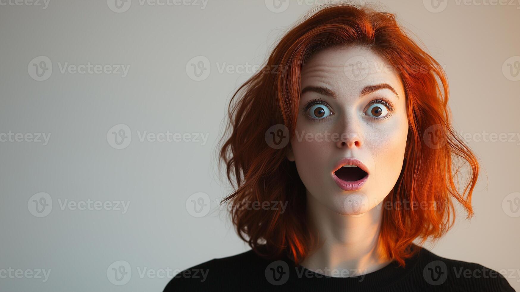 Wow face expression. Red haired woman with surprised face expression photo