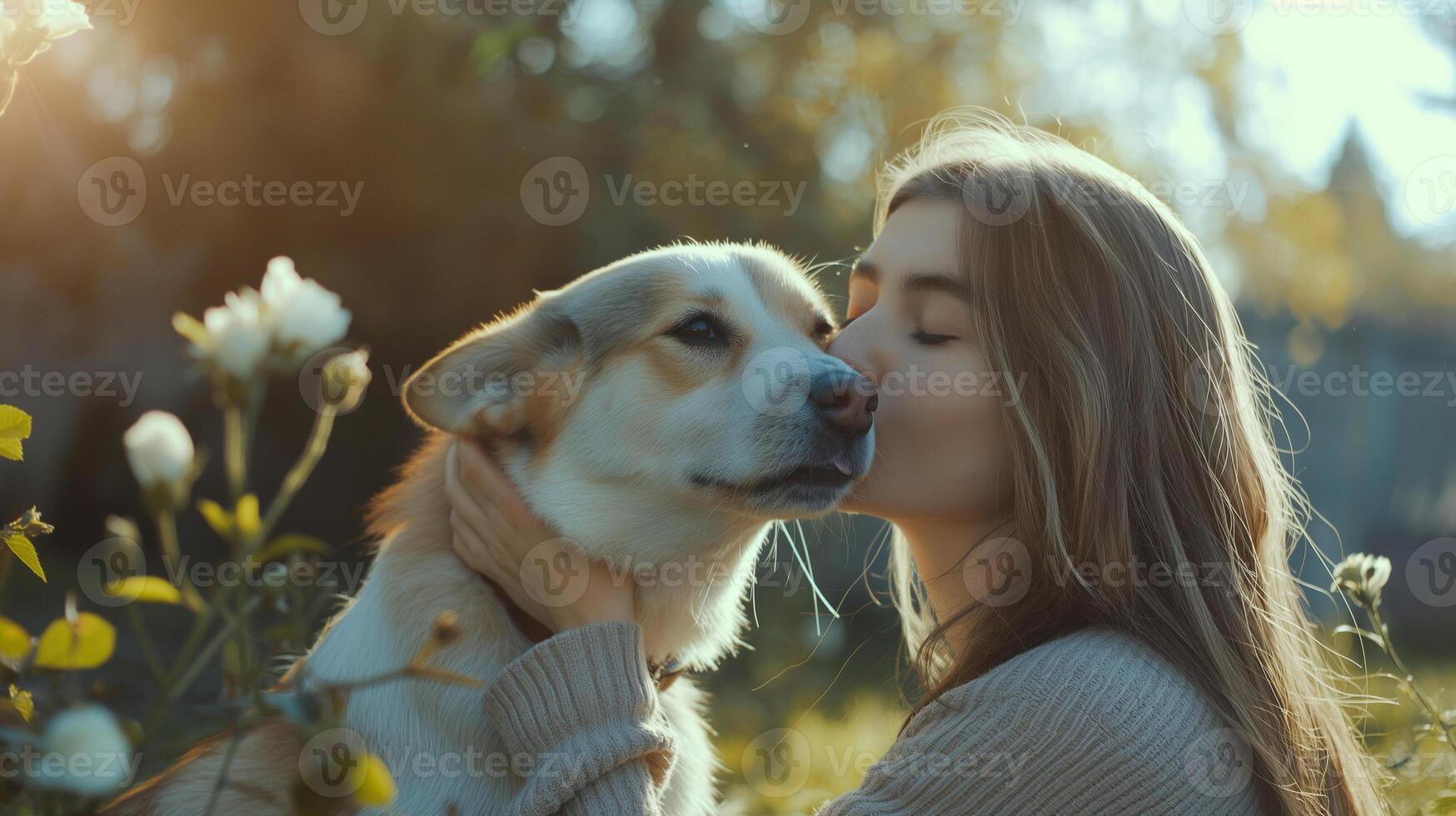 Woman petting her dog in the park or outdoor photo