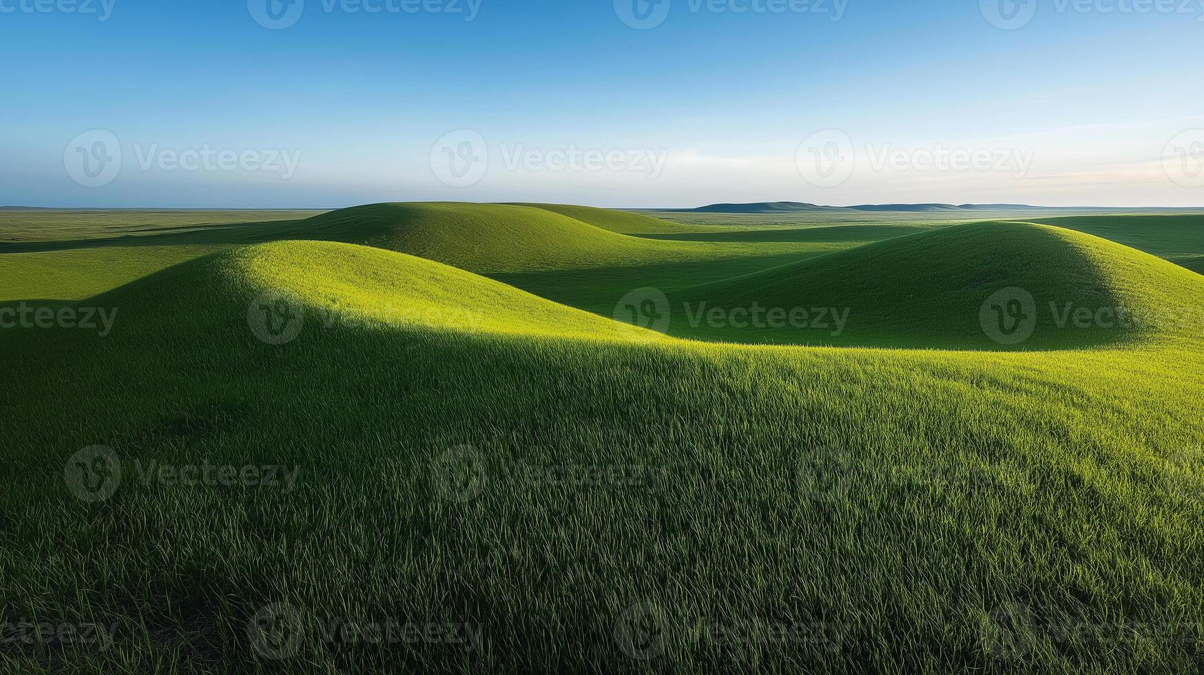 Hilly terrain with fresh green grass field and clear blue sky photo