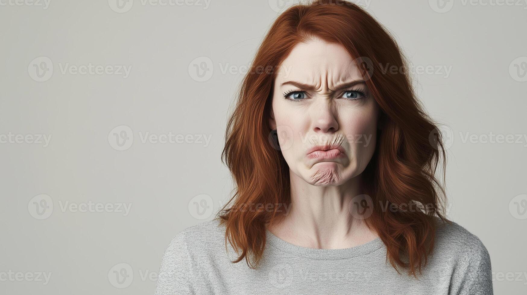 Disapproving redhead. A woman with bright hair reacting in distaste. photo