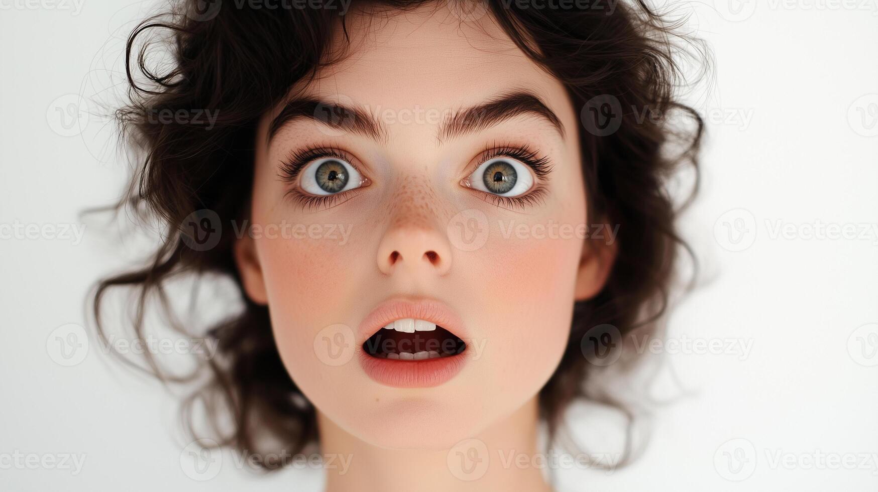 Portrait of a young woman with surprised face expression in a studio shot photo
