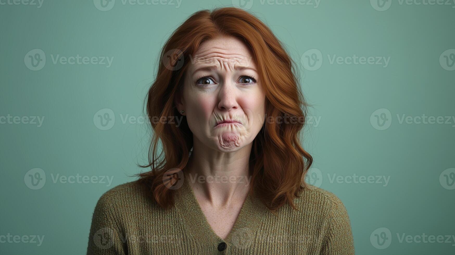 Unhappy redhead. A close-up of a woman with auburn hair frowning. photo