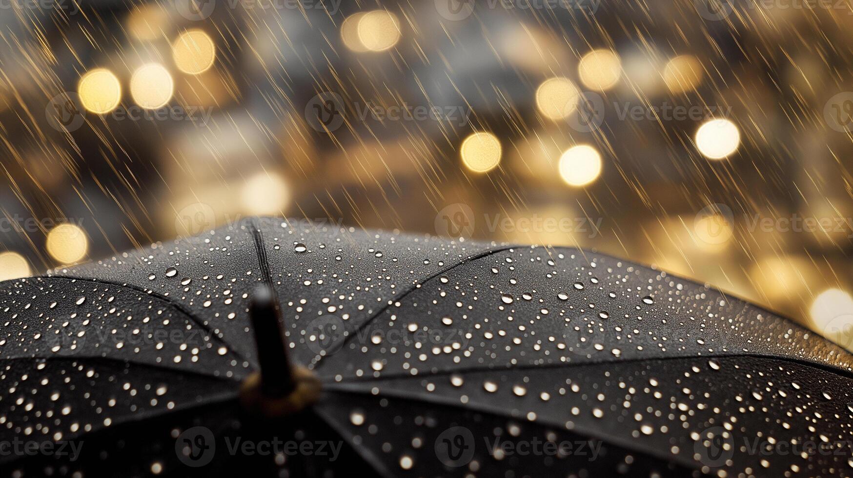 Wet season. Raindrops resting on an umbrella as the city fades behind. photo