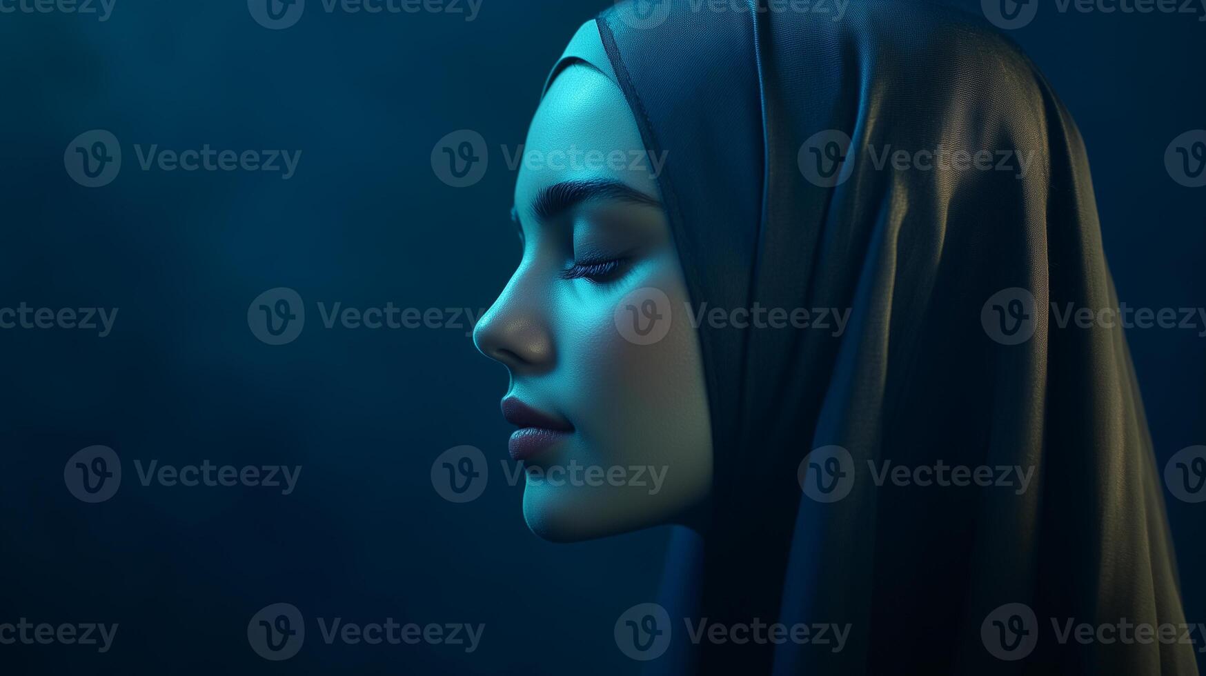 Portrait of a young muslim woman illuminated by blue light from top photo