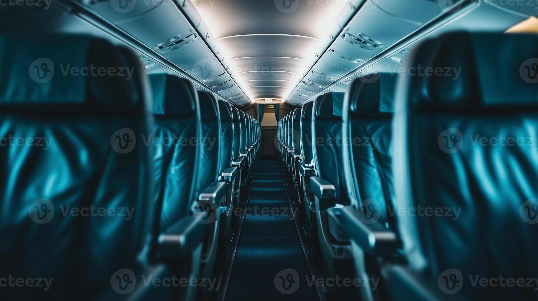 Empty cabin of a commercial airplane. empty seats viewed from corridor. photo