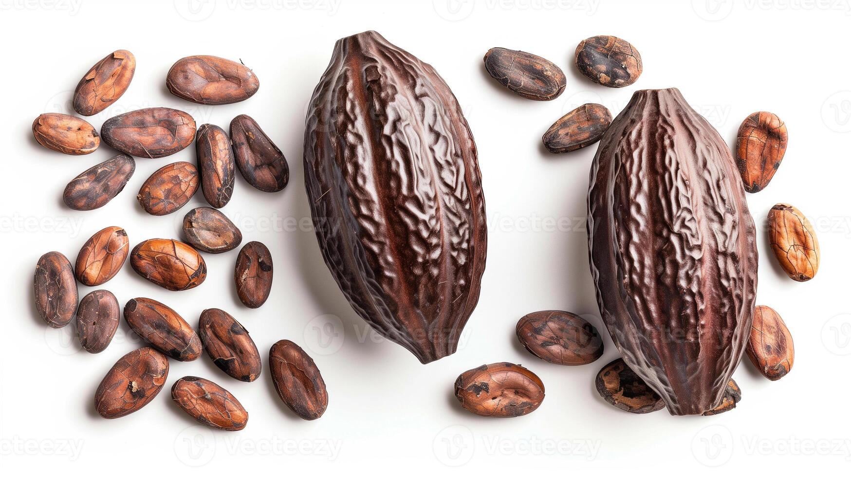 Cocoa beans and pods isolated on white background. photo