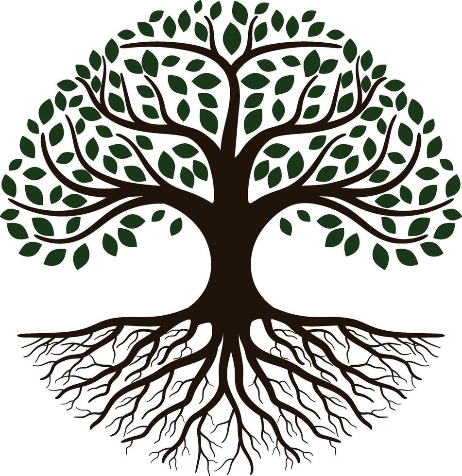 Tree Growth Logo with Roots and Leaves, Tree of Life vector